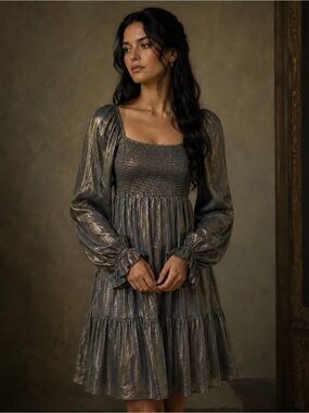 Berry N Cream Smocked Square Neck Long Sleeve Metallic Dress - Bronze Whimsigoth